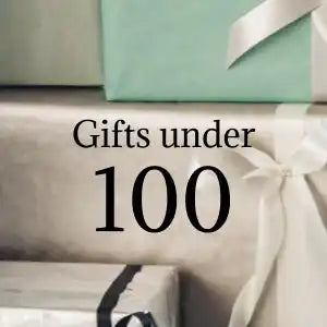 Text reading ’Gifts under 100’’ with a decorative bow or ribbon element.